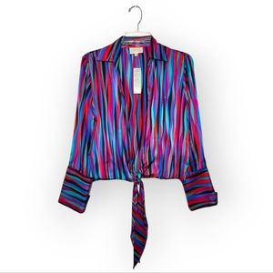 CACHE Vintage Silk Tie Front Long-sleeve Top Multicolor Small